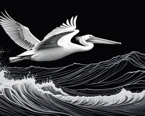 White Pelican Soaring Above Ocean Waves Artwork