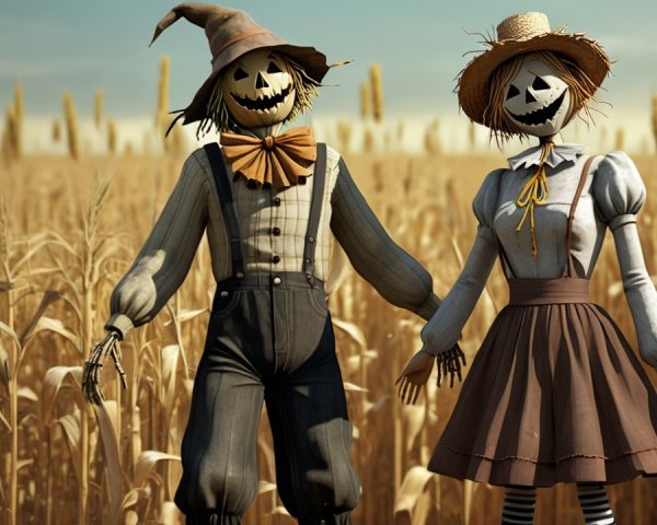 Whimsical Scarecrows in a Golden Cornfield