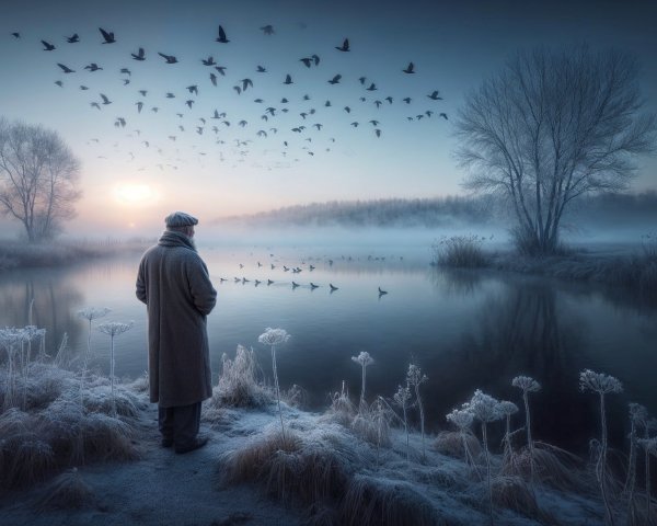 Frosty Landscape with Figure by Misty River at Dawn