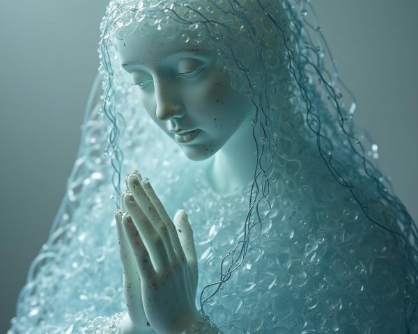 Serene Sculpture with Translucent Veil and Prayer Hands
