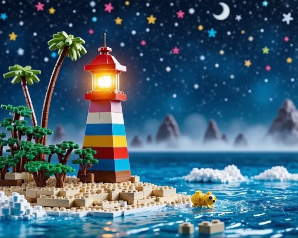 Colorful LEGO lighthouse on an island at night