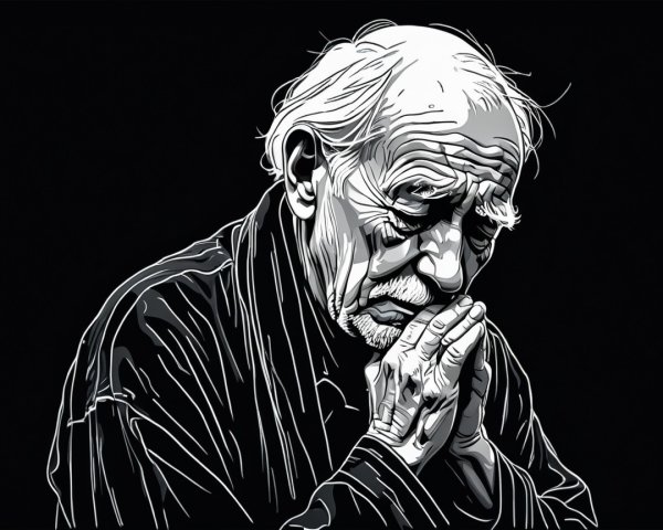 Elderly Man in Contemplation with Dark Robe and Prayer