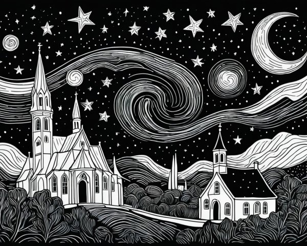 Black-and-white landscape with churches and swirling stars