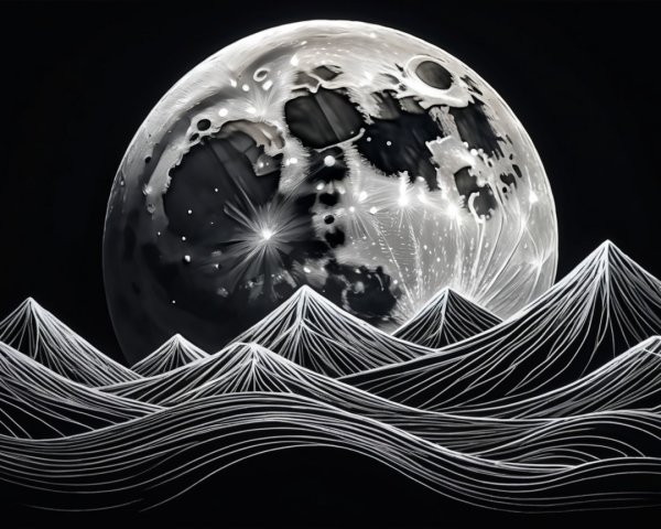 Monochromatic Moonlit Mountains with Wavy Lines