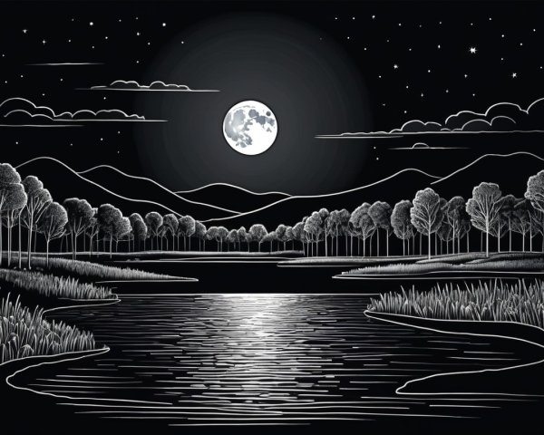 Black-and-white landscape with river and moonlight