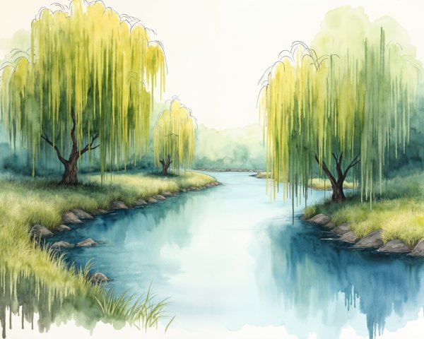 Serene Landscape with Calm River and Lush Willows