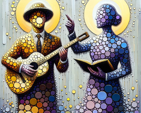 Artwork of Two Figures with Guitar and Book