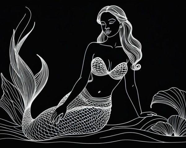 Stylized Mermaid Illustration on Black Background