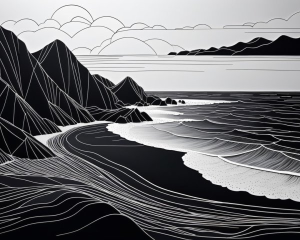 Black-and-White Coastal Landscape with Mountains and Waves