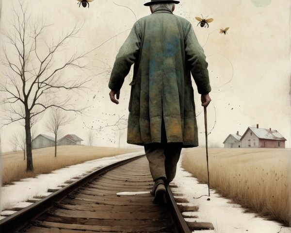 Elderly Man Walking on Railway Track in Winter Landscape