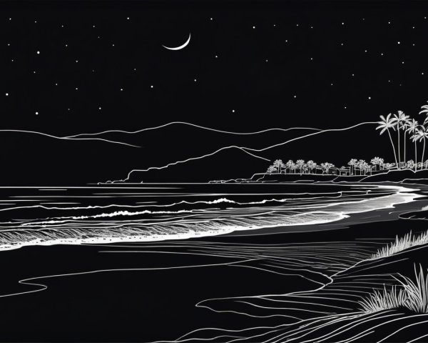 Serene Night Beach Scene with White Line Art