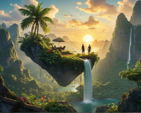 Floating Island Landscape with Waterfall and Sunset