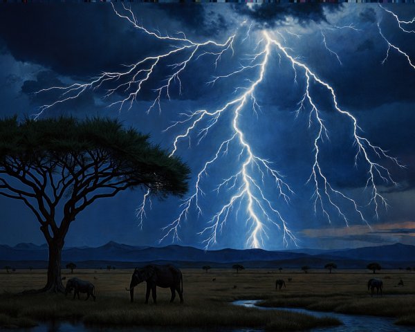 Stormy Savannah Scene with Elephants Under Lightning