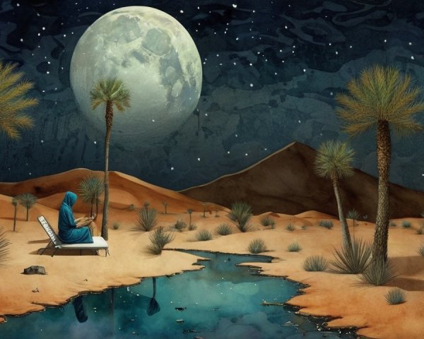 Desert Night Scene with Moon and Water Reflection