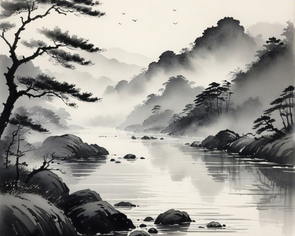 Serene River Landscape in a Misty Valley Setting