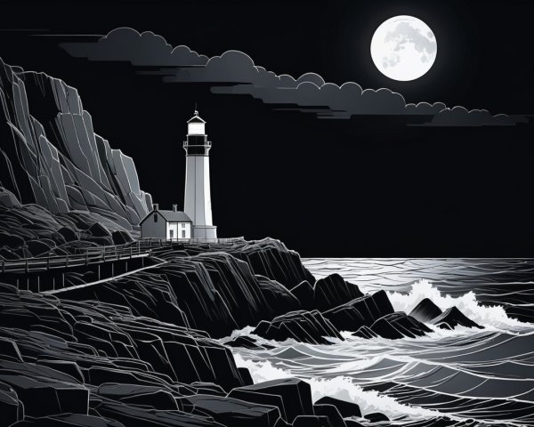 Lighthouse at Night with Ocean Waves and Moonlight