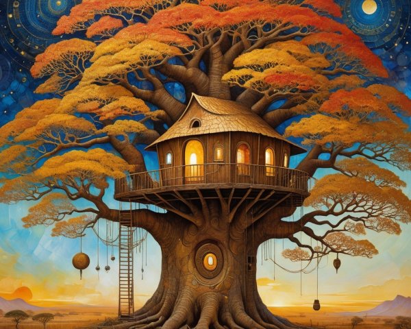 Surreal Painting of a Giant Tree with Treehouse