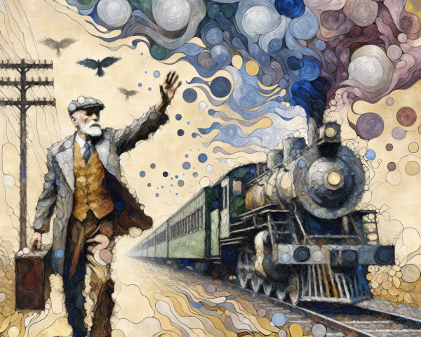 Vintage Illustration of Man with Locomotive and Smoke