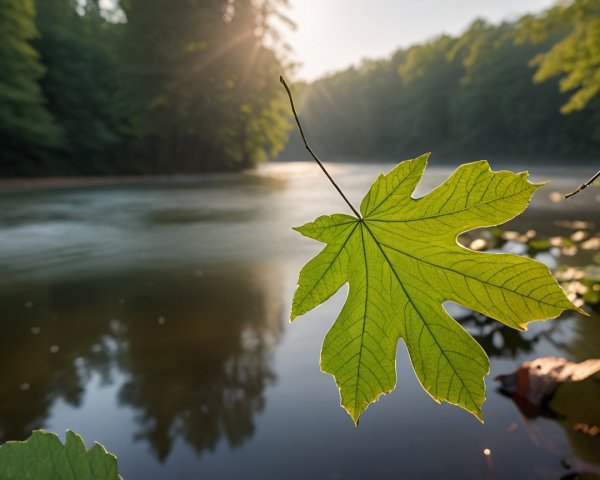 Close-up of a vibrant green leaf with blurred river backdrop