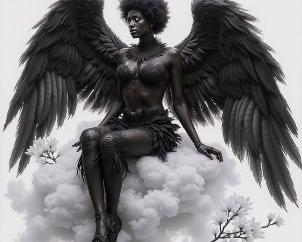 Ethereal figure with dark wings on a cloud