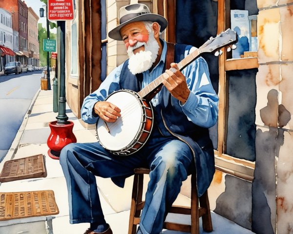 Elderly Man Playing Banjo on Street Corner Scene