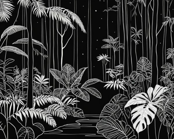Black and White Jungle Scene Illustration at Night