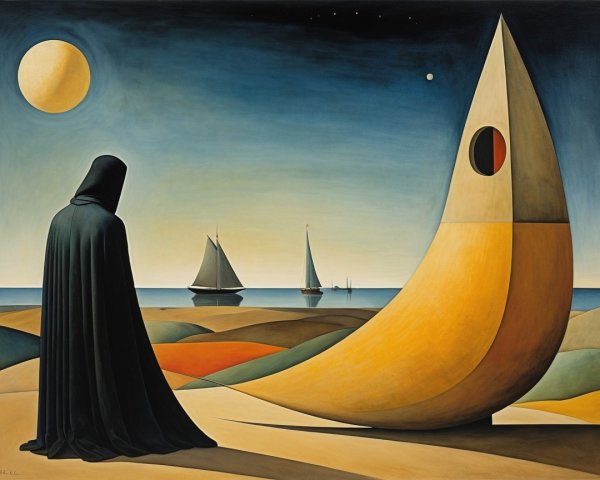 Cloaked Figure in Surreal Landscape with Sailboats