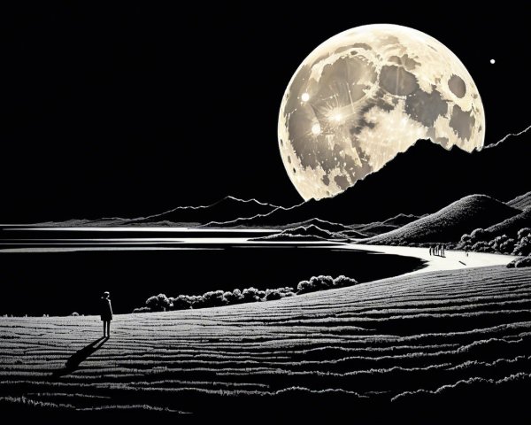 Tranquil Night Landscape with Moonlit River and Hills