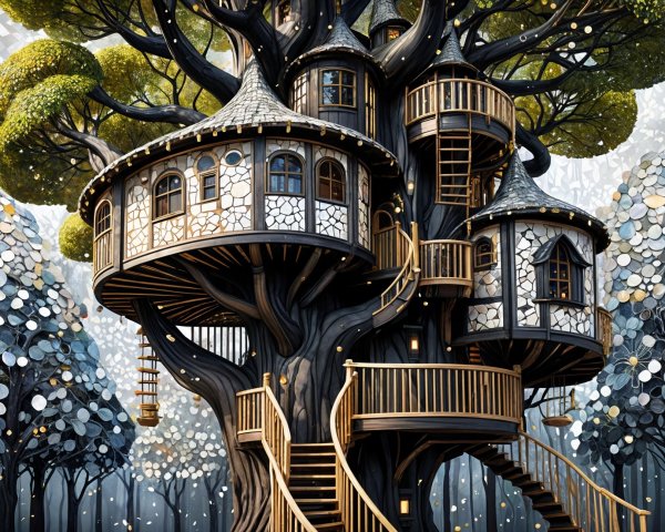 Whimsical Treehouse Among Lush Oversized Trees
