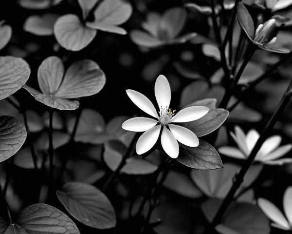 Delicate White Flower Amidst Black and White Foliage