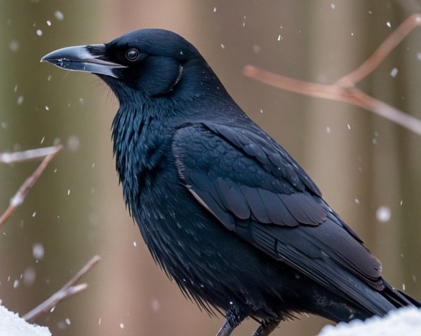 Black Raven in Snowy Winter Landscape