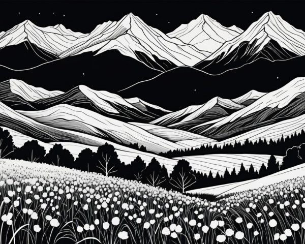 Black-and-White Landscape with Mountains and Flowers