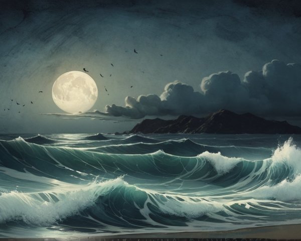 Serene Night Seascape with Moonlit Waves and Clouds