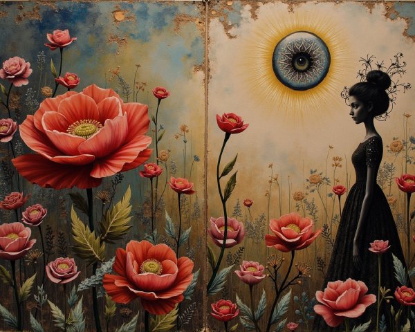 Serene Scene of Flowers and Surreal Silhouette