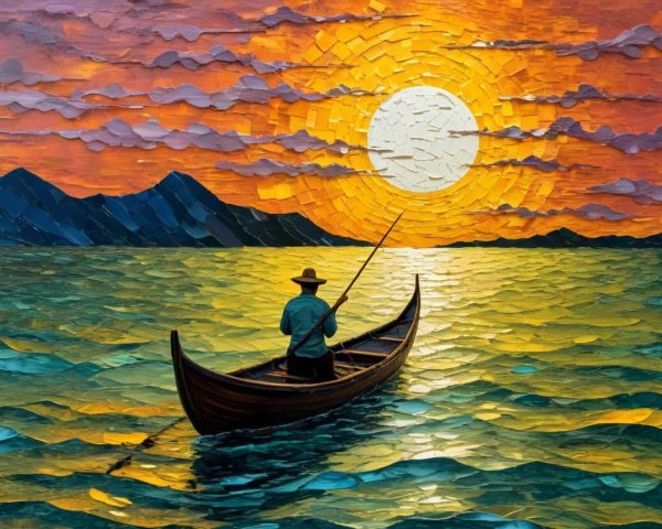 Serene Sunset Over Tranquil Sea with Fisherman
