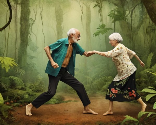 Elderly Couple Dancing in Lush Rainforest Setting