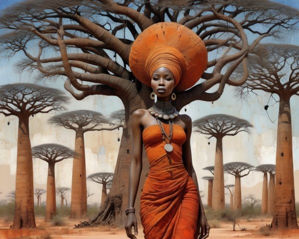 Woman in Orange Attire Amidst Baobab Trees