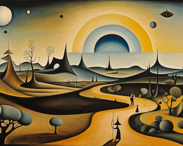 Surreal Landscape with Abstract Hills and Vibrant Sun