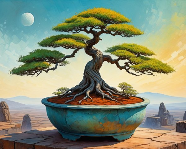 Bonsai Tree on Cliff with Turquoise Pot and Moonlit Sky