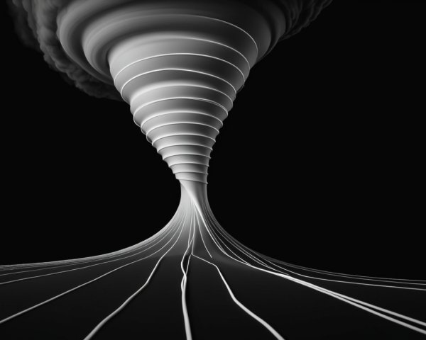 Black and White Tornado Illustration with Depth and Motion