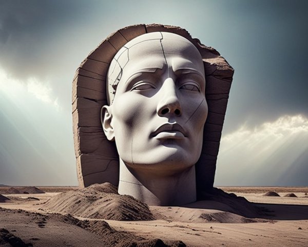 Colossal Stone Head in Barren Landscape with Clouds