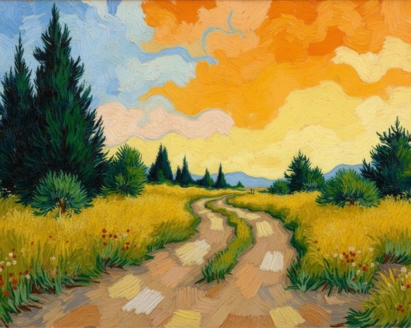 Vibrant Landscape with Winding Road and Wildflowers