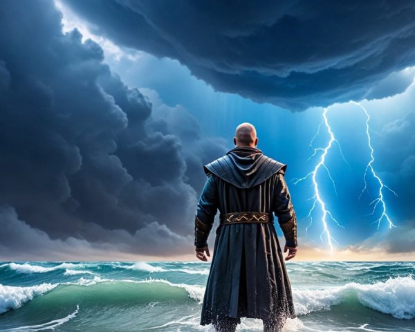 Lone Figure at Turbulent Seas Under Dramatic Sky