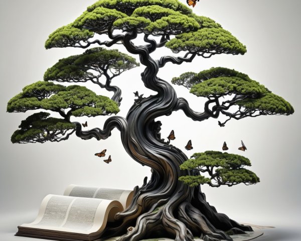 Bonsai Tree on Open Book with Butterflies Scene