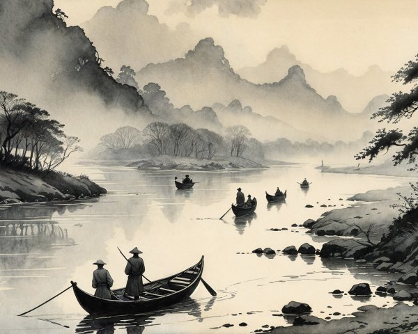 Serene Landscape with River and Misty Mountains