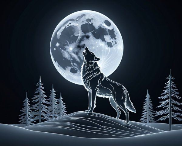 Wolf Howling on Snowy Hill Under Full Moon