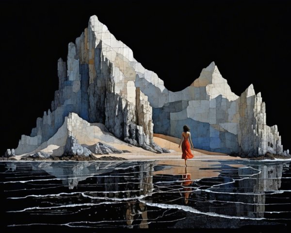 Lone Figure in Red Dress by Reflective Shoreline