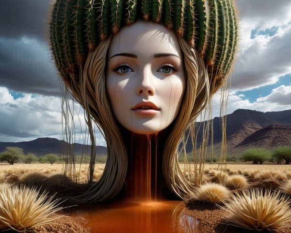 Surreal Landscape with Giant Feminine Face and Cacti Crown