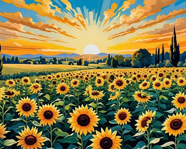 Vibrant Sunflower Field at Sunrise with Rolling Hills