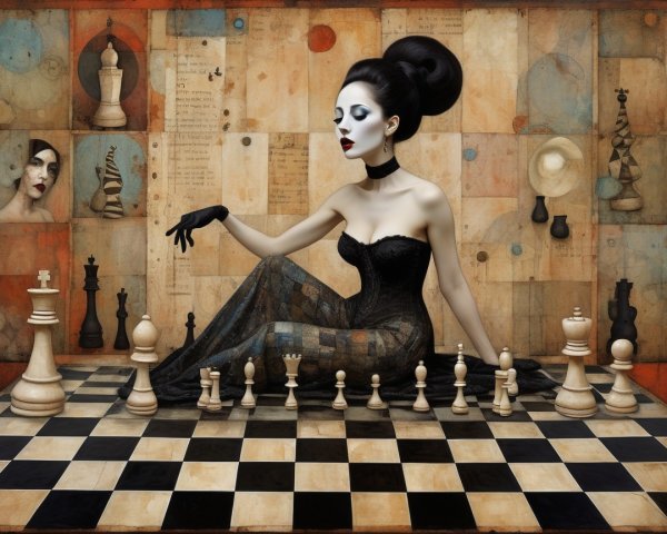 Stylish Woman on Chessboard with Dramatic Makeup